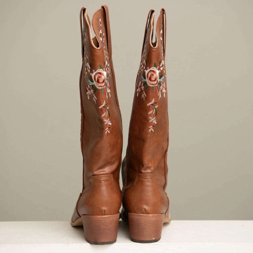 Floral Embroidered Western Cowgirl Boots Pointed Toe Festival Cute Country Boho - Picture 4 of 5